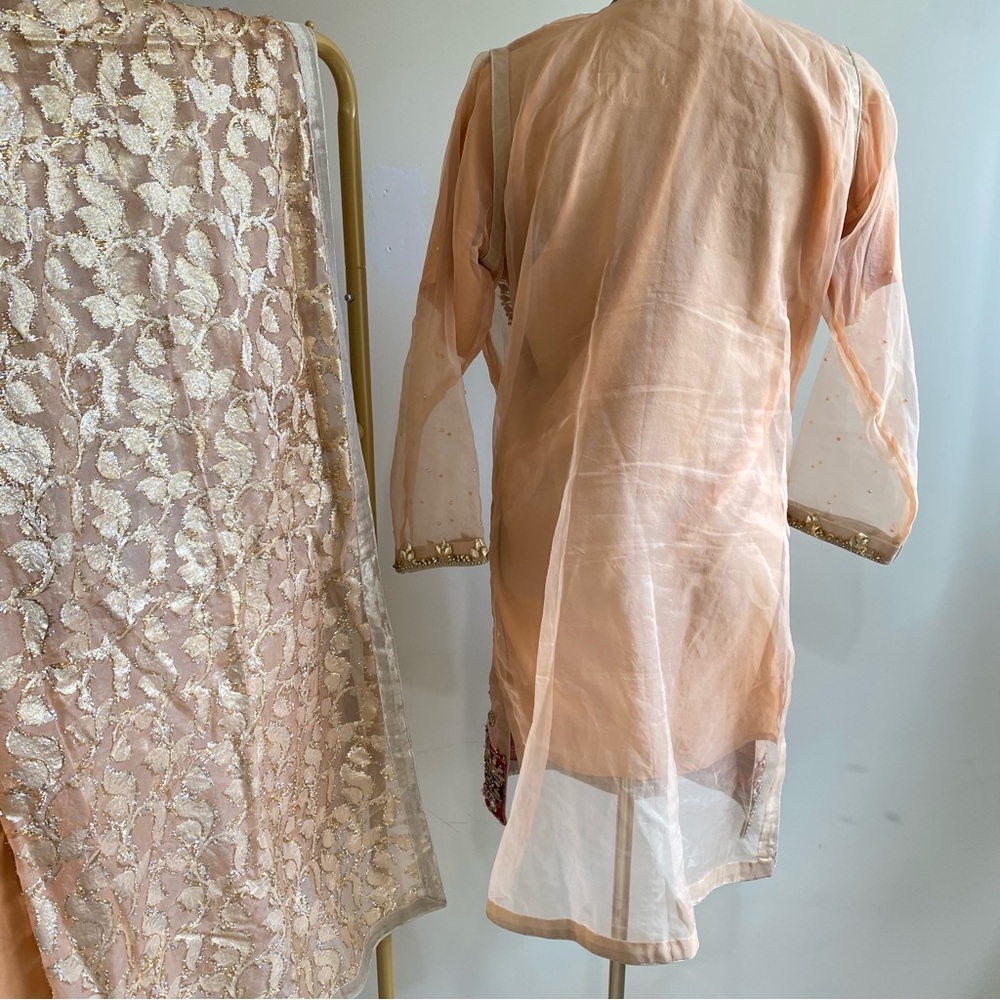Embroidered Peach and Gold Traditional Dress shalwar kameez Mehndi - Picture 6 of 6
